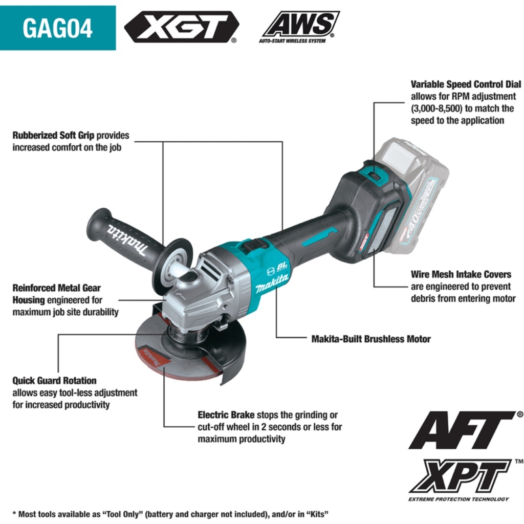 MAKITA GAG04Z 40V max XGT® Brushless Cordless 4‑1/2” and 5" Angle Grinder with Electric Brake AWS® Capable - Tool Only