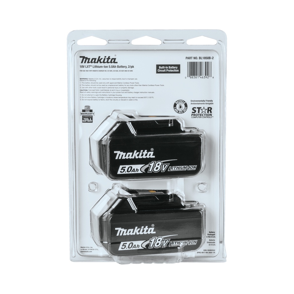 LXT®, Battery, Li-Ion, For Use With Makita 18V Cordless Tools, 5.0 Ah, 18.0 Voltage (2-pack)