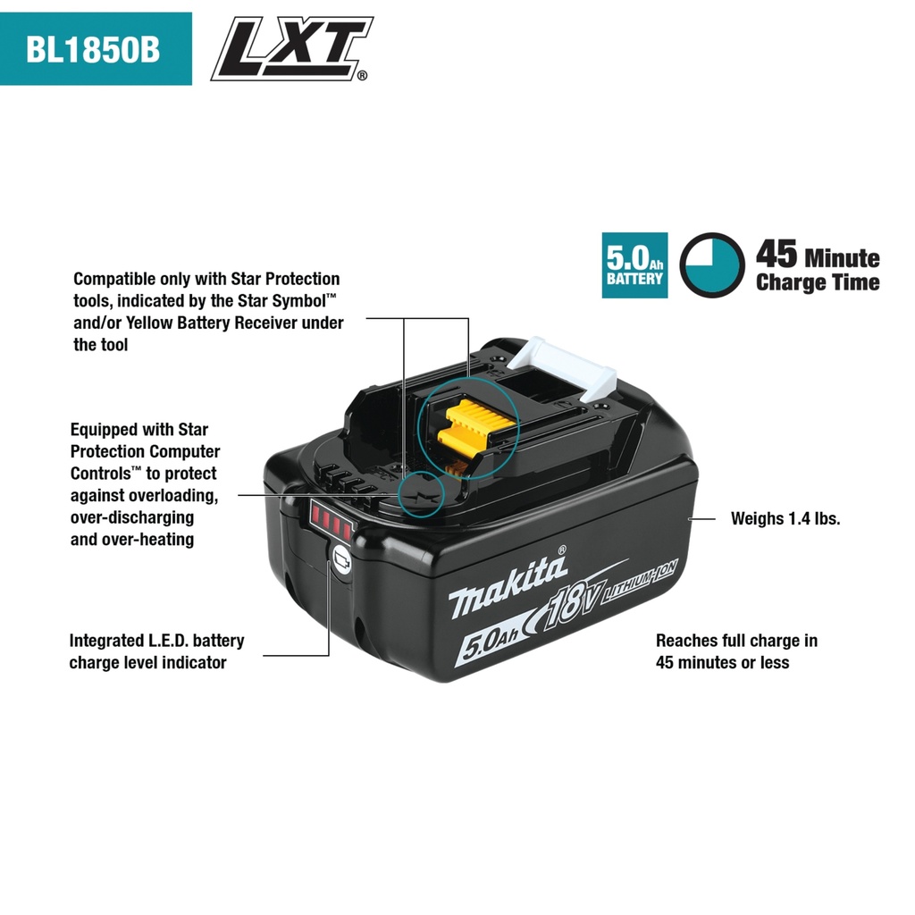 LXT®, Battery, Li-Ion, For Use With Makita 18V Cordless Tools, 5.0 Ah, 18.0 Voltage (2-pack)